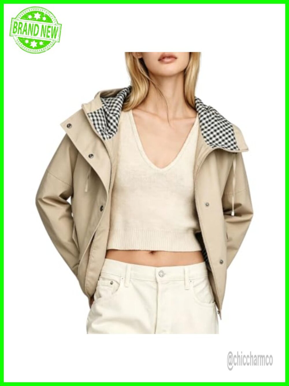 Cropped Trench Coat Hooded Zip Up Windbreaker Jacket Casual Outwear with Pockets